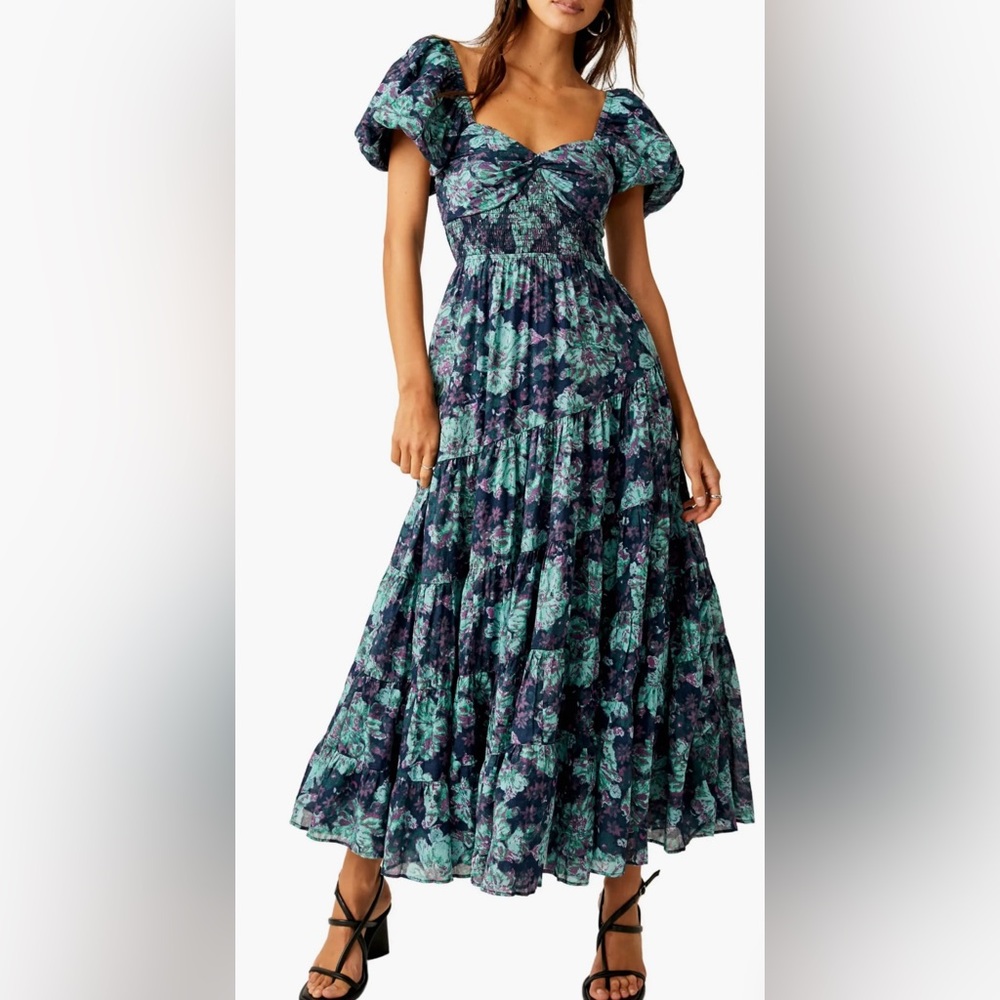 Free People Sundrenched Floral Tiered Maxi Sundress in Emerald Combo
